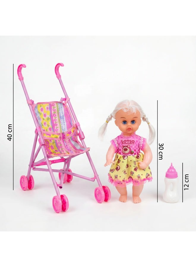 Baby Doll Stroller Playset with Accessories – Foldable Toy Buggy, Feeding Bottle & Diaper – Realistic Pretend Play Gift for Kids & Toddlers - Image 3